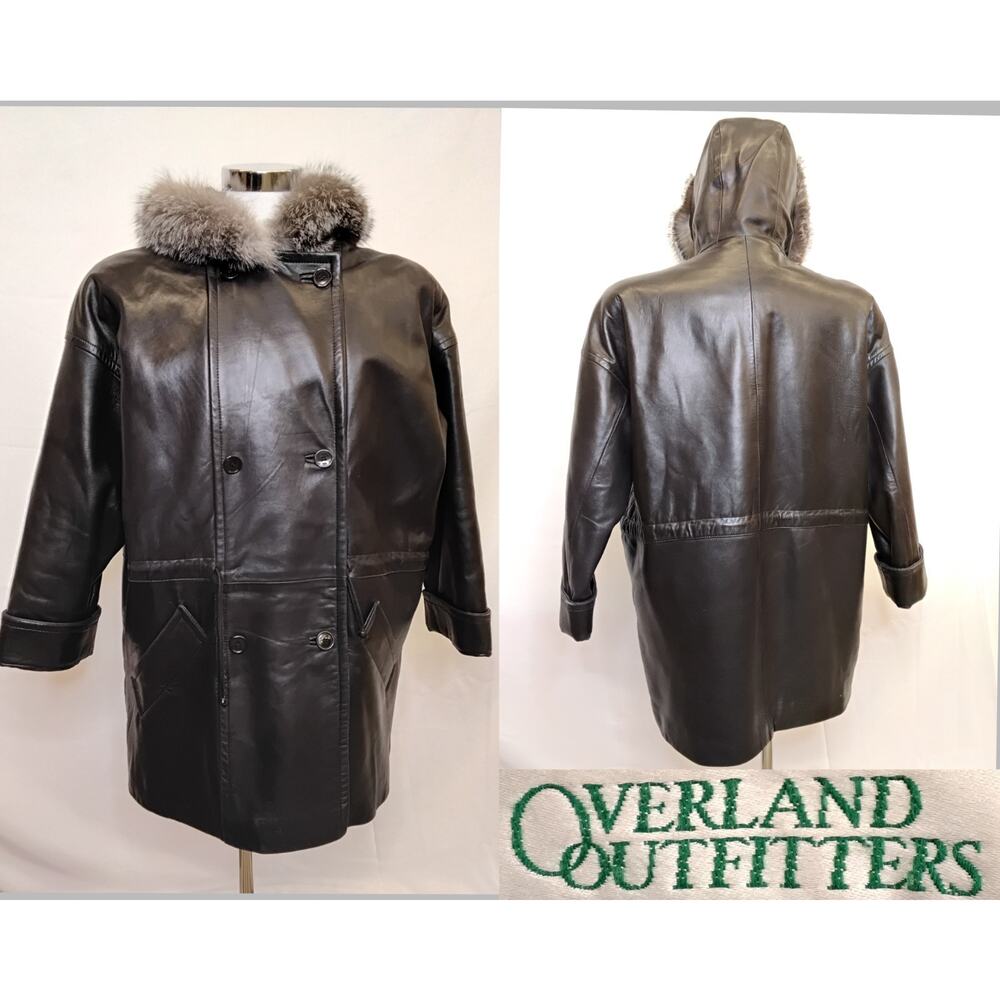 Overland Outfitters Leather Overcoat Men's L Real Silver Fox Fur Ruff #Z5255